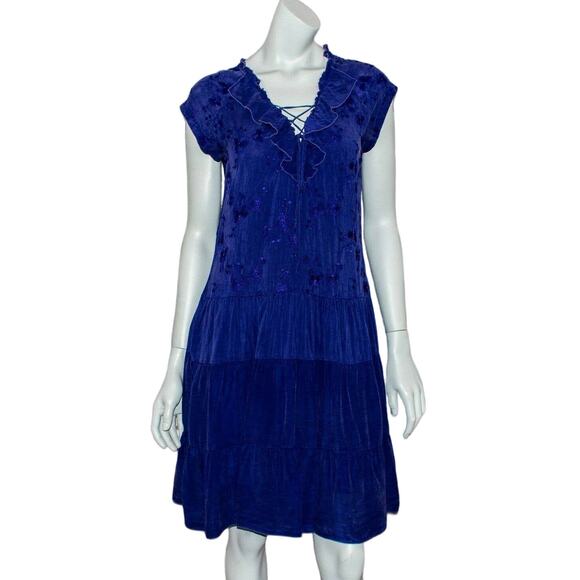 Johnny Was Women's Ruffle Lace-up neck Dress Blue Size Small - Picture 2 of 8